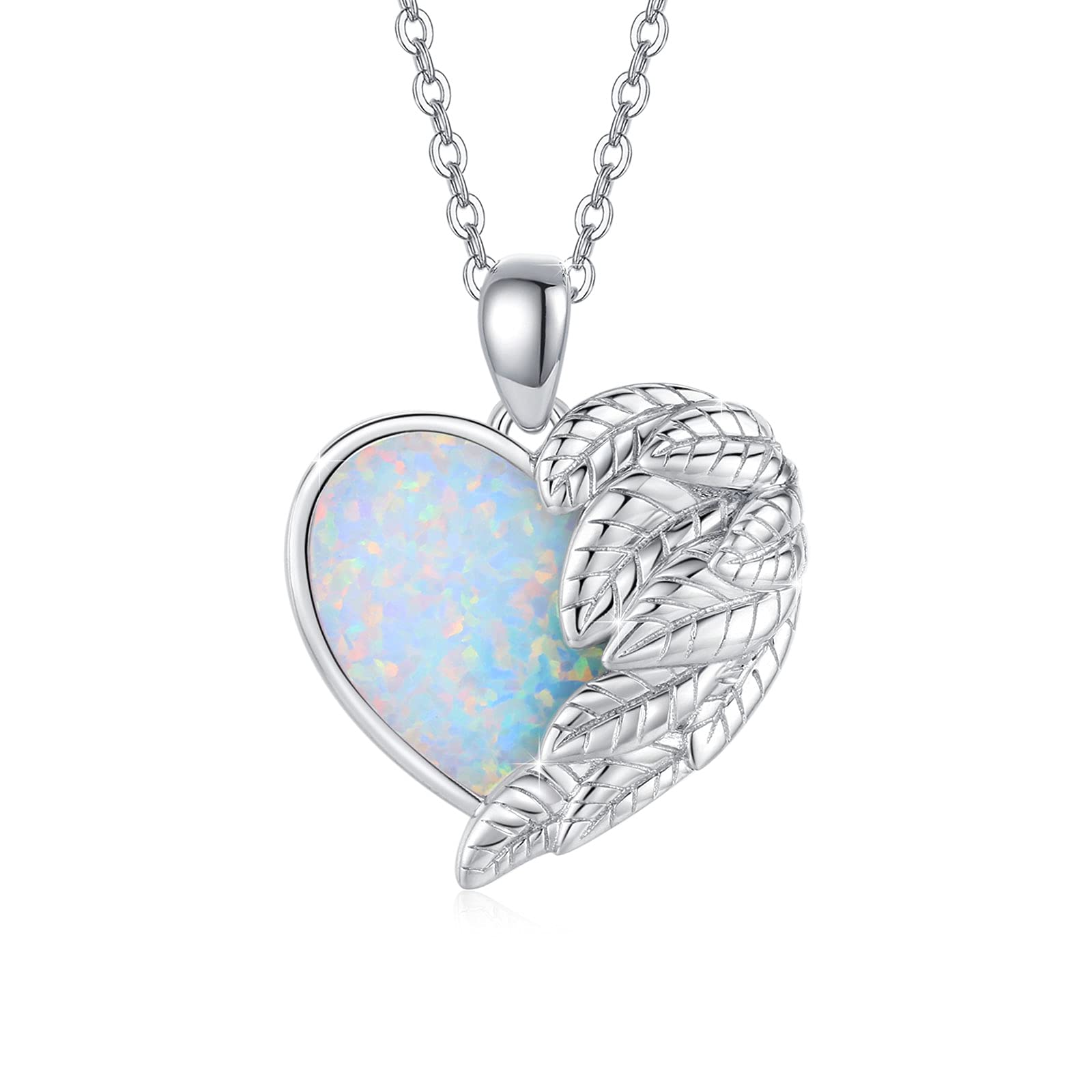 CUOKA MIRACLEHeart Necklace Angel Wing Heart Opal Necklace 925 Sterling Silver Women Necklace Guardian Angel Wings Pendant Necklace Dainty Opal Jewelry Birthday Gifts for Mom Women Girtls