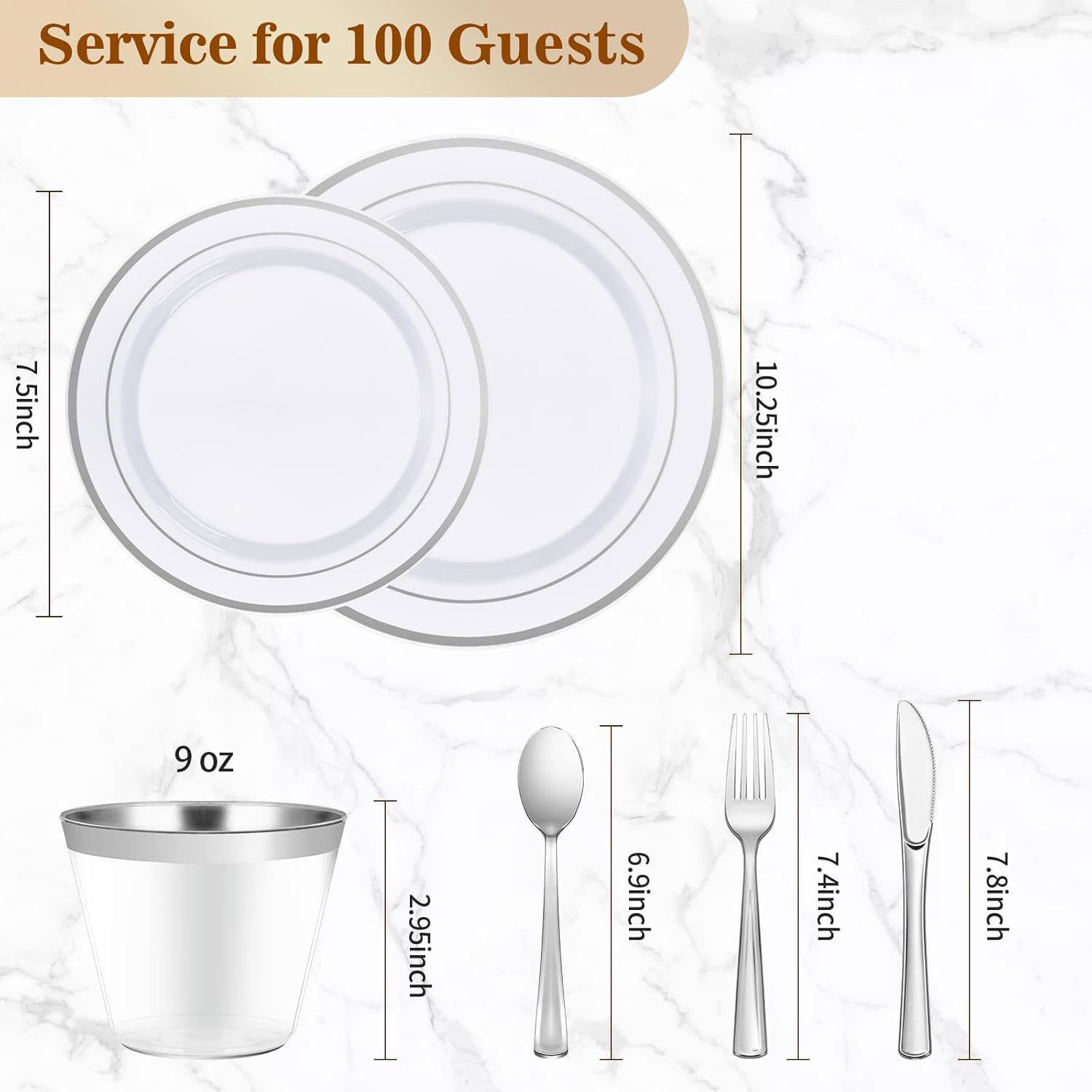 BESTVIP 700 PCS Silver Dinnerware Set for 100 Guests, Plastic Dinnerware Set for Party, Wedding, Christmas, Include: 200 Plastic Plates, 100 Silver Silverware, 100 Cups, 100 Paper Napkins - Image 4