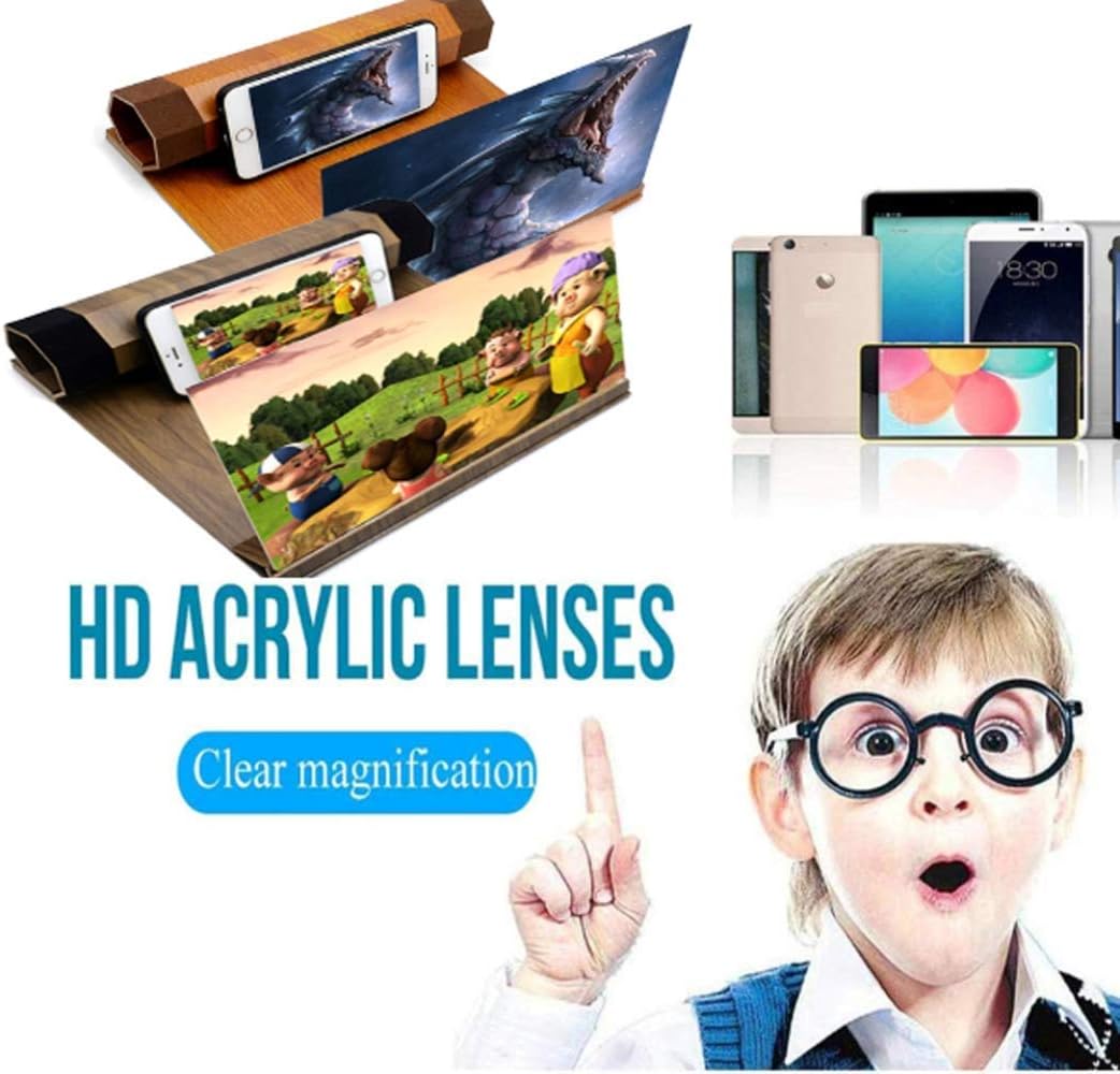 12" Screen Magnifier Smartphone Magnifying Glass Wood Stereoscopic Phone Screen Enlarger Cell Phone 3D HD Movie Video Projector Amplifier Foldable Stand for All Smart Phones