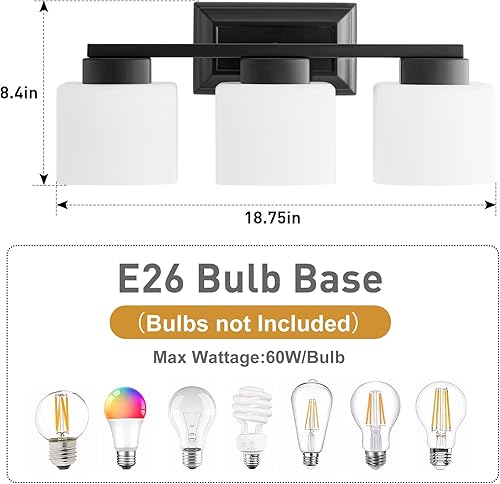 Miniatura 3 de Lámparas de baño de 3 luces, lámparas de tocador de baño negras con pantalla de vidrio esmerilado, accesorios de iluminación modernos sobre espejo -