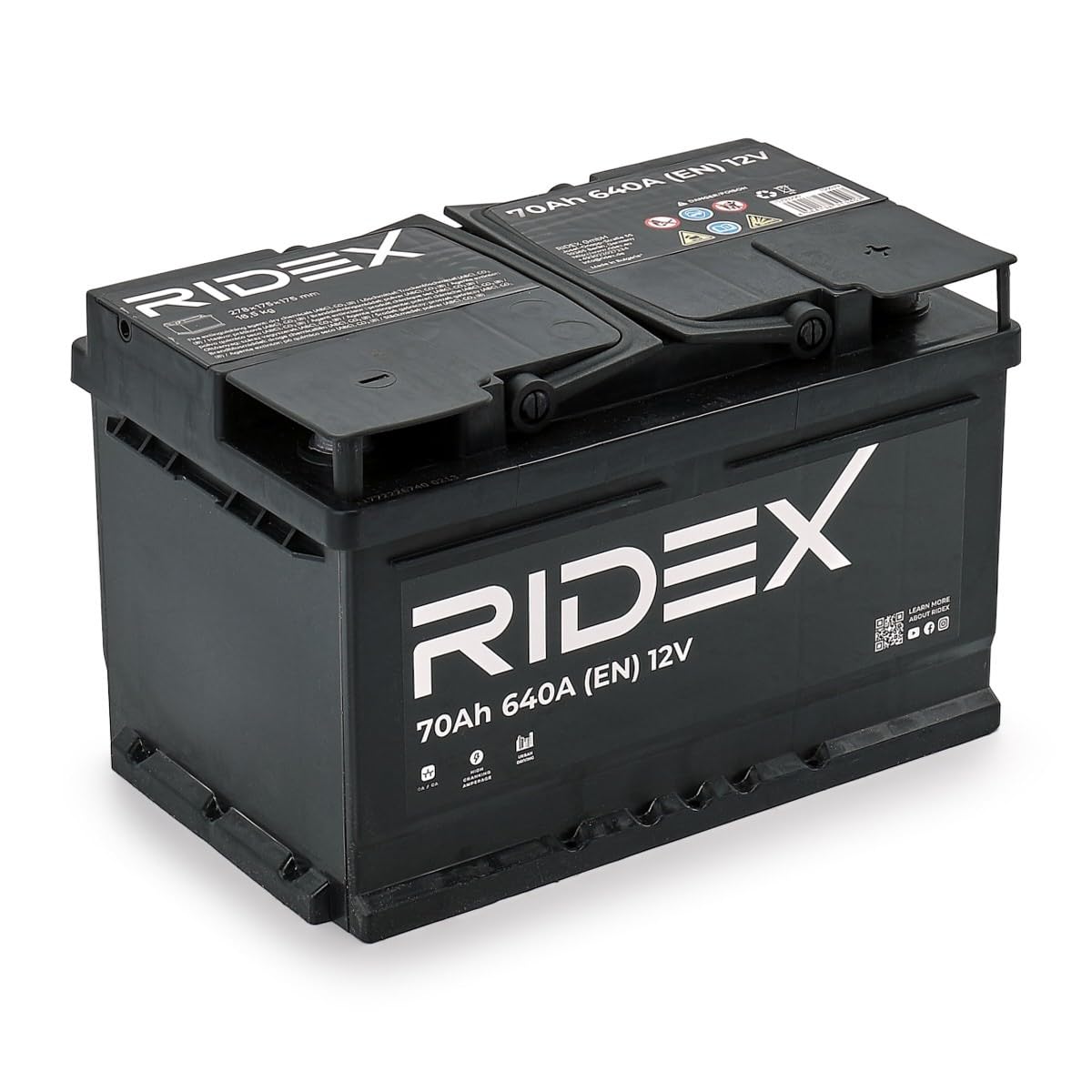 RIDEX 1S0039 Batterie 12V 70Ah 640A B13 Batterie au plomb, avec poignets, sans jauge de niveau Compatible avec RENAULT Clio 3 3/5 portes BR0/1, CR0/1 Clio 2 3/5 portes BB, CB, BB0/1/2, CB0/1/2, FORD