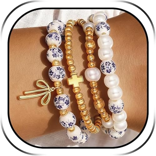 HUASAI Beaded Cross Bracelets Stack Christian Bracelets for Women Adjustable Bra