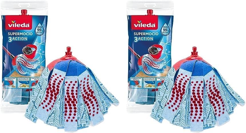 Vileda3action Supermocio Floor Mop Refill, Versatile, Red Spot Eraser, Blue Microfiber, 3D Red Spots. (Pack of 2)