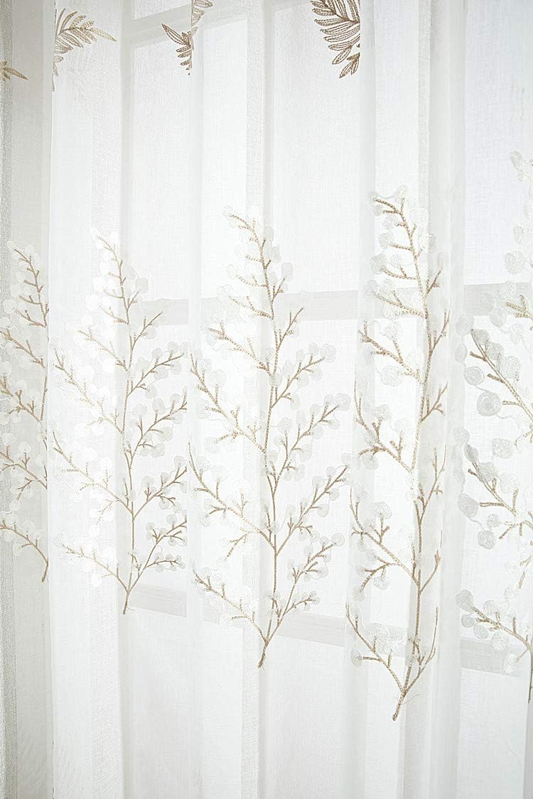 HooHero White Modern Style Pine Tree Pattern Embroidered Semi Sheer Curtains Home Decoration Rod Pocket Top Style for Kids Nursery Room Bedroom