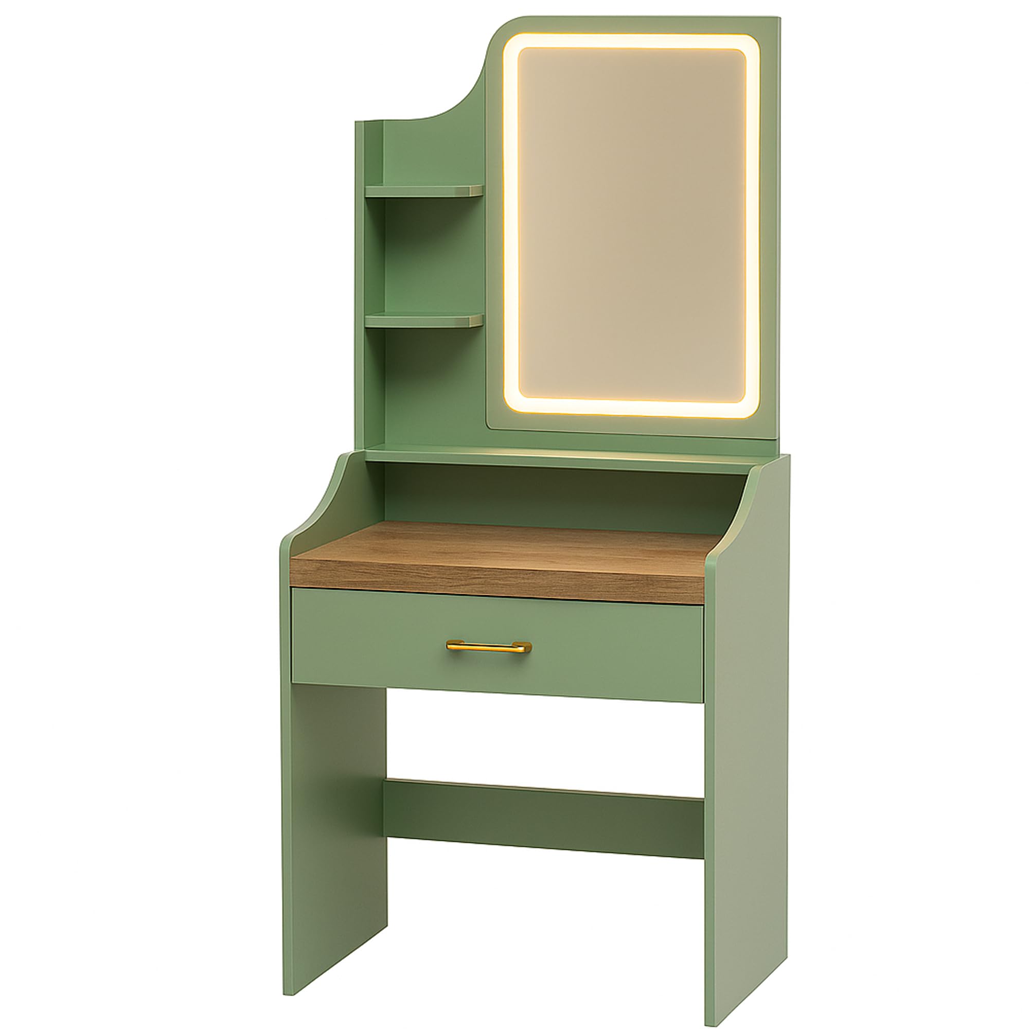 FRANKYSTAR Afrodite - Toeletta Trucco Consolle con Luce LED Cassetto 3 Ripiani e Prese Postazione Make Up in Legno Salvia