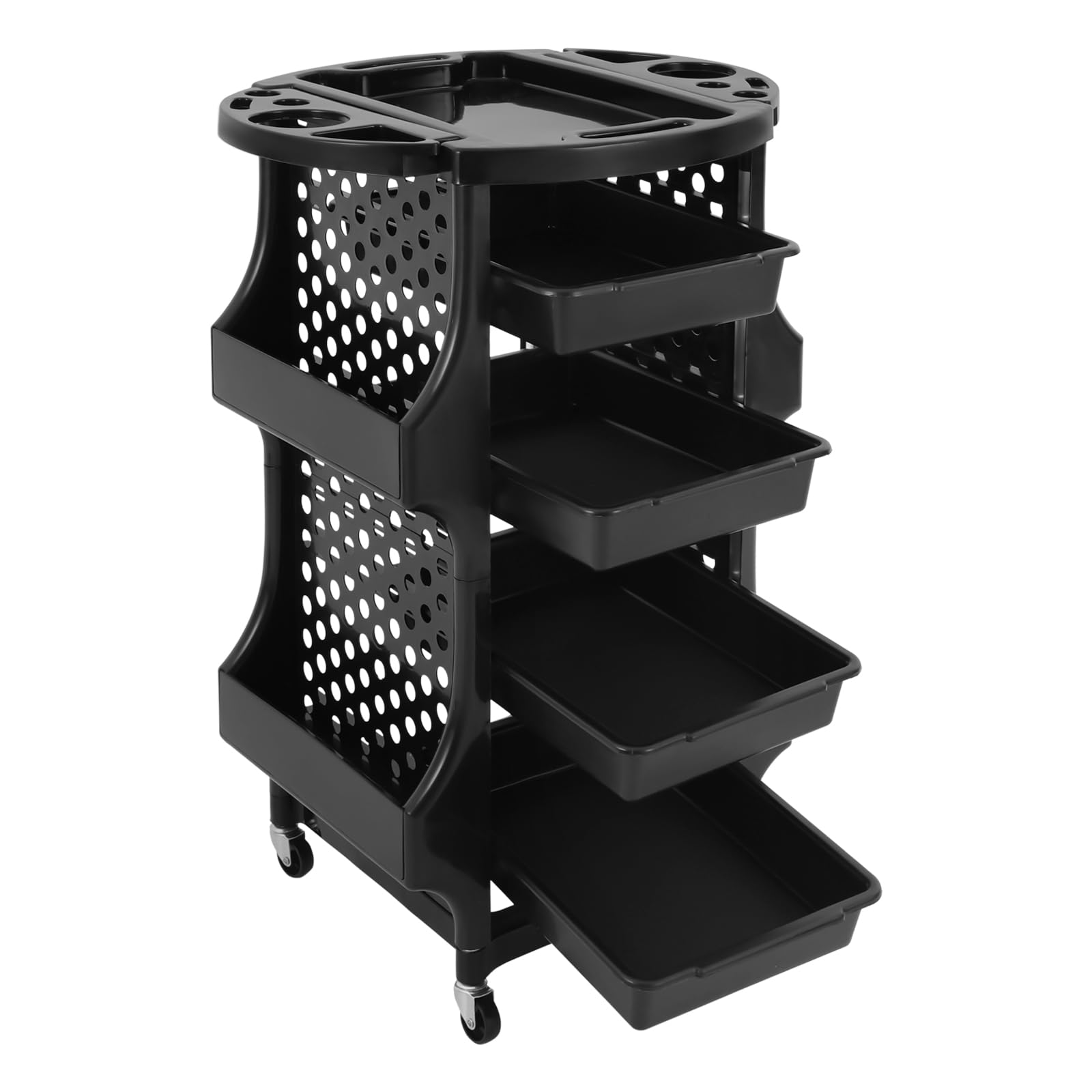 Carro de peluquería con 4 cajones, carrito de salón con cesta lateral para peluquería, peluquería, peluquería, peluquería, 52 x 44 x 79 cm, color negro (4 cestas laterales)