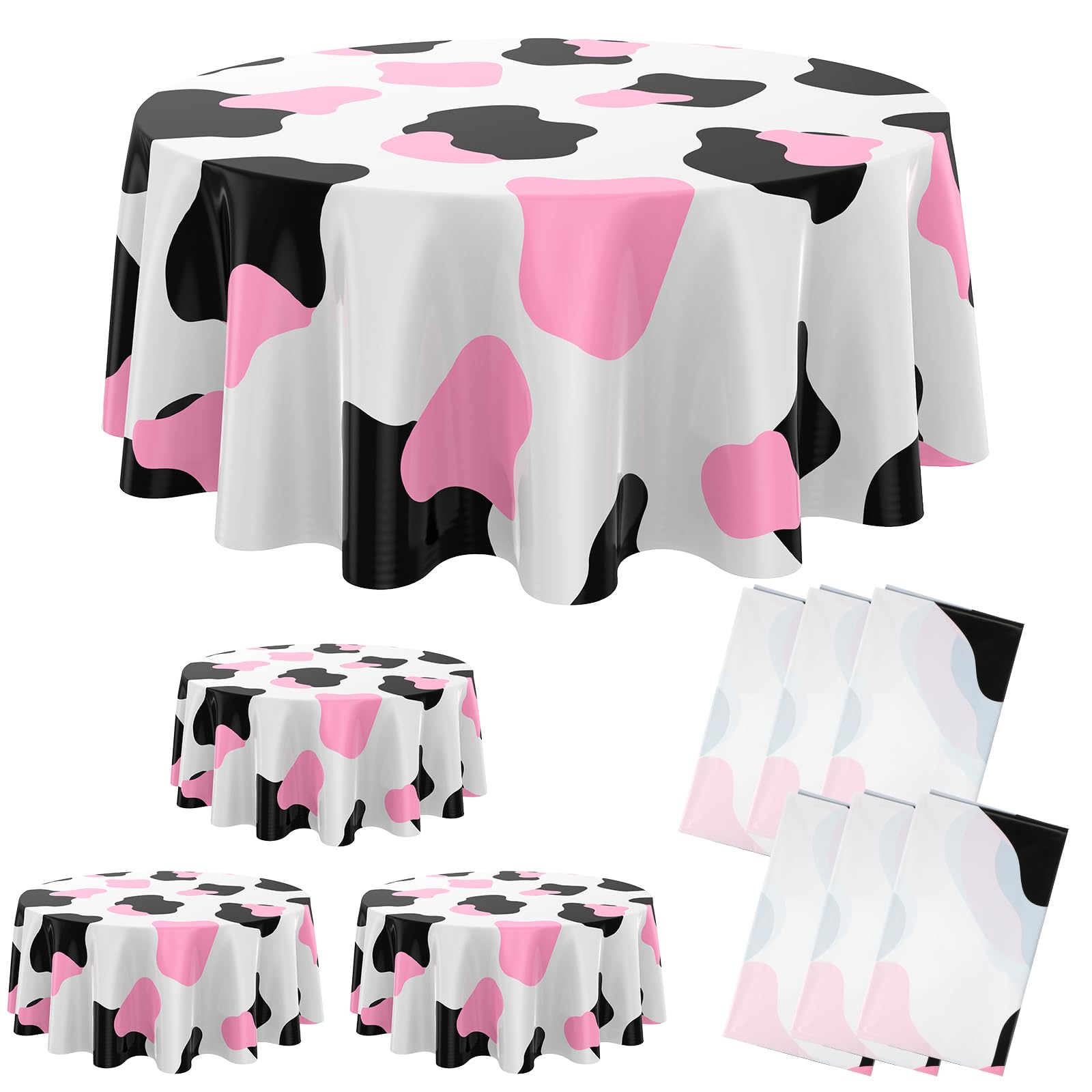 Oudain 6 Pcs 84'' Cow Tablecloth Round Tablecloth Plastic Washable Table Cloth Disposable Stain Resistant Table Cover for Picnic Camping Party Xmas
