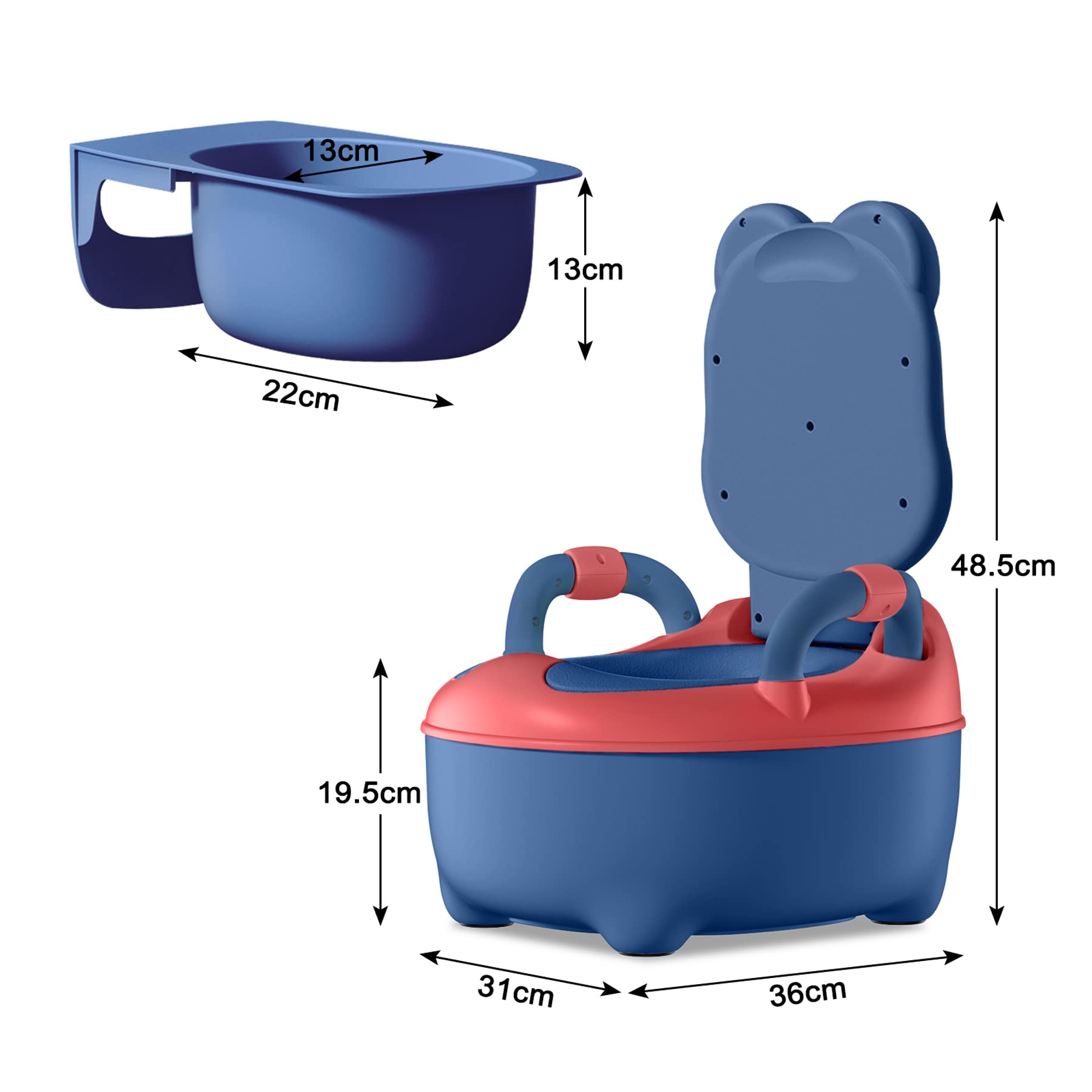 Froadp Vasino per bambini con cuscino in poliuretano, a forma di rana, portatile, in materiale PP, con contenitore rimovibile, per bambini da 1 a 6 anni (altezza 48,5 cm, blu)