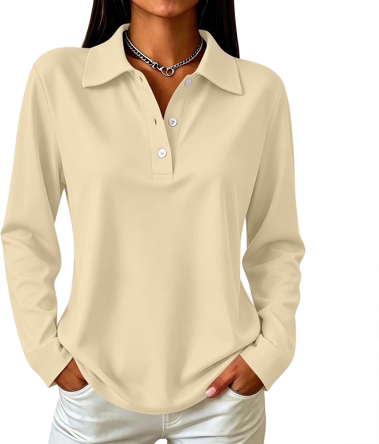 Women's Long Sleeve Polo Shirt Button Front Stand Collar Regular Fit Solid Colour 11 Colours Available