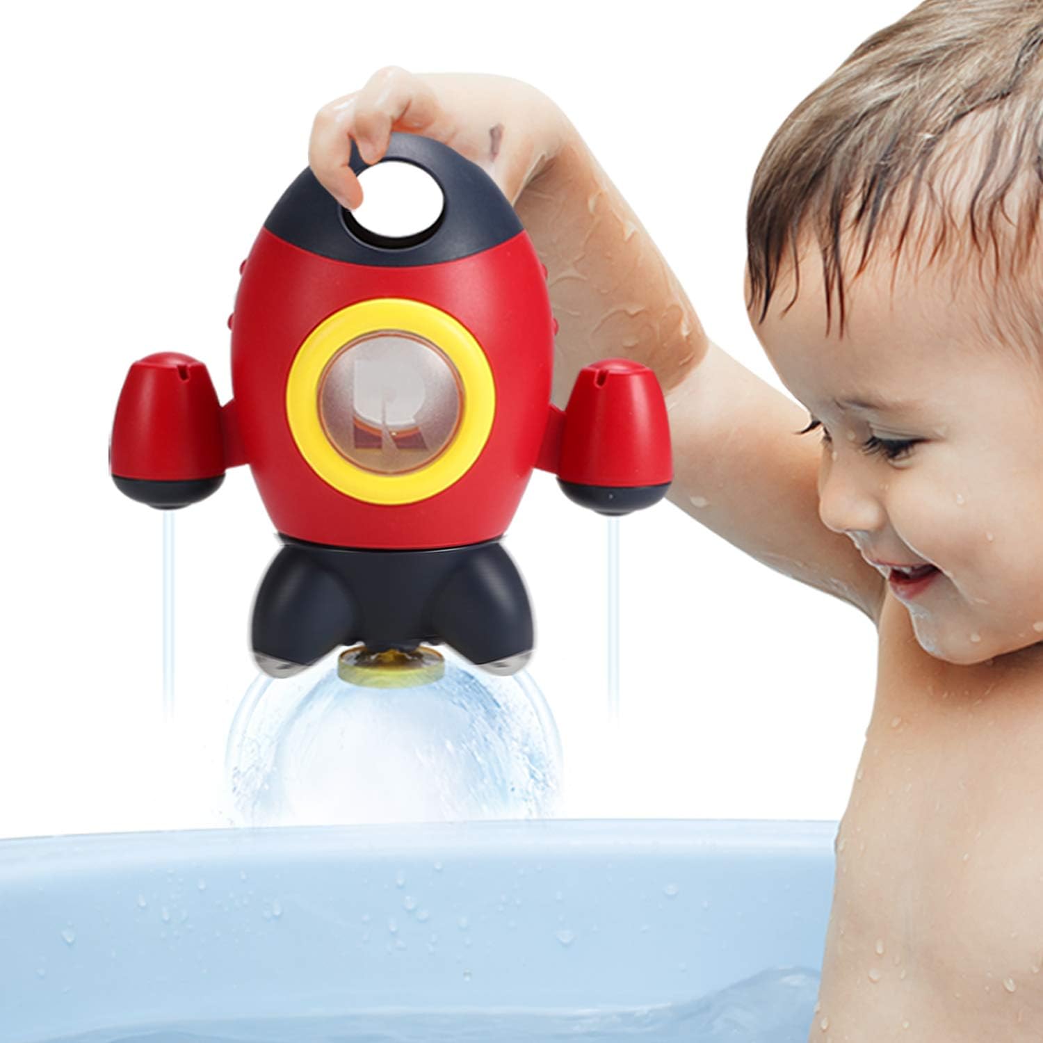 Elovien Baby Bath Toys, Space Rocket Water Play Toys for Toddlers, Bathtub Toy with Rotating Fountain, Kids Shower Bath Toy for Boys and Girls 18 months, 2, 3 and 4+ Year Olds (Red)