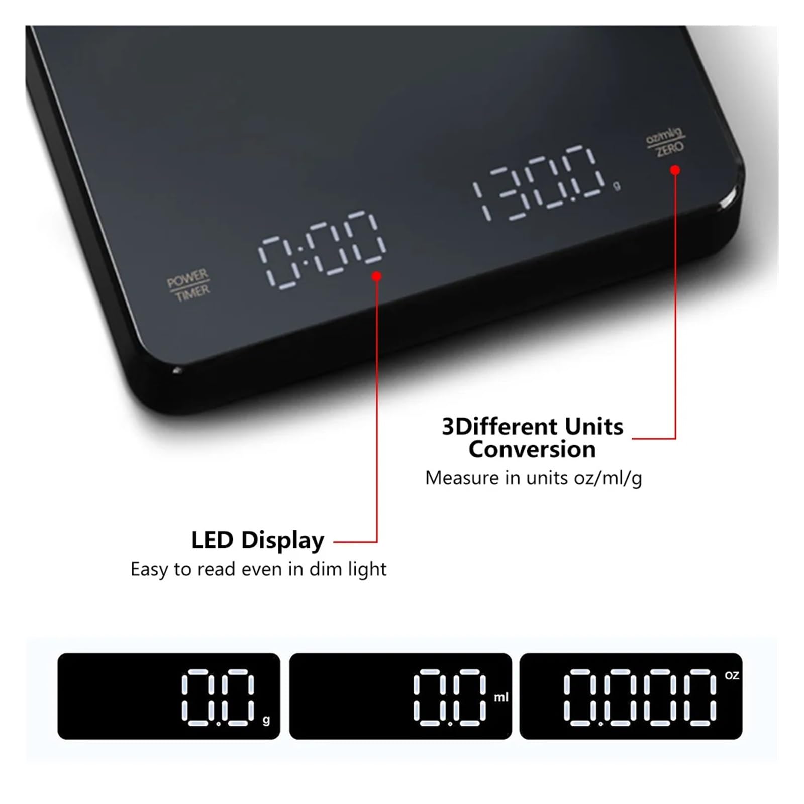 Bilancia Elettronica per caffè con Timer, Schermo LED, USB, 3 kg, 0,1 g, G/oz/ml, Misure ad Alta precisione, Timer Automatico, Bilancia da Cucina Intelligente