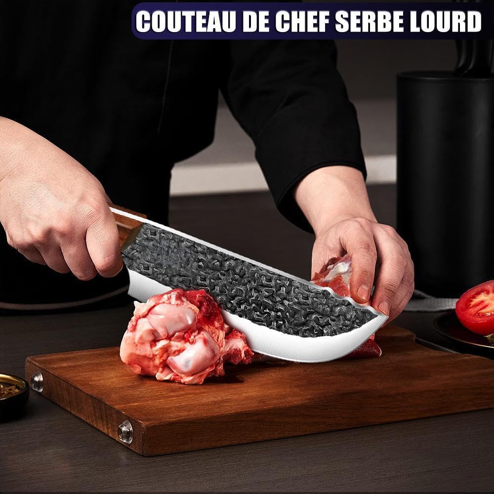 Set de 4 Couteaux de Cuisine Butcher (Couteau Chef Serbe 8", Couteau à Viande 8", Couteau à Désosser 6.5", Couteau à Aiguiser 12"), Acier Inoxydable Haut Carbone, Revêtement Anti-Adhérent Martelé