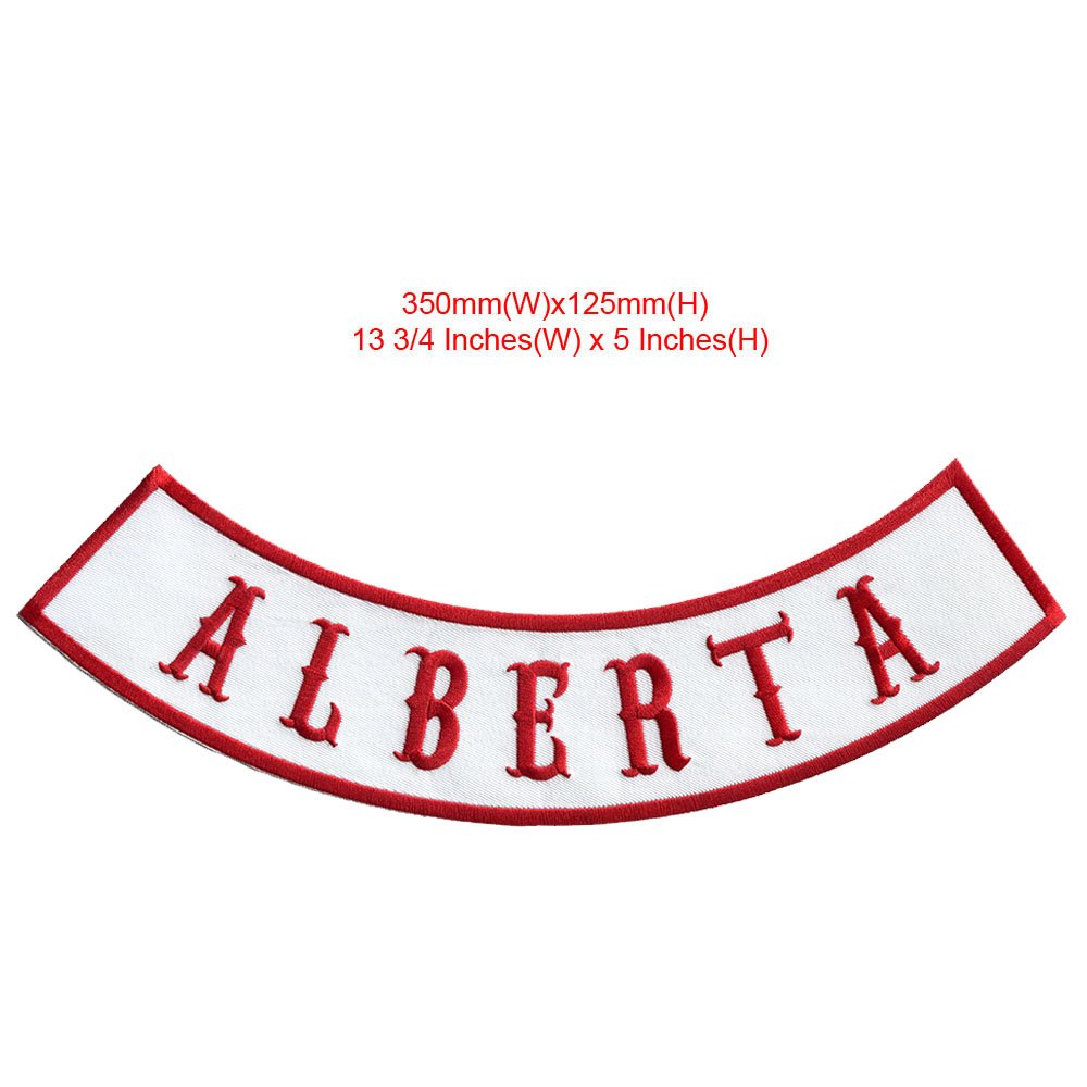 13.75"x5" Alberta Biker Patches Top Rocker Patches Iron on for Motorcycle Jackets_White Fabric+Red Texts+Red Border