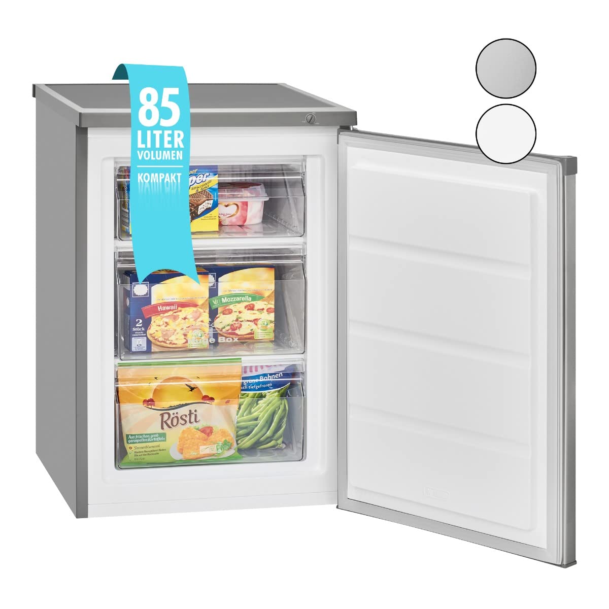 Bomann® Gefrierschrank mit 85 Liter Nutzinhalt | Gefrierschrank klein mit 3 Gefrierschubladen + Eiswürfelschale | Mini Fridge mit stufenloser Temperaturreglung | Türanschlag wechselbar |GS 2186.1 inox