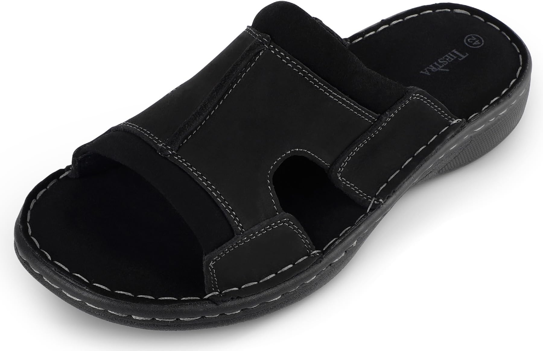 TIESTRATIESTRA Mens Leather Slide Sandals Comfortable Lightweight Summer Casual Beach Slides for Men Indoor & Outdoor slip on sandals