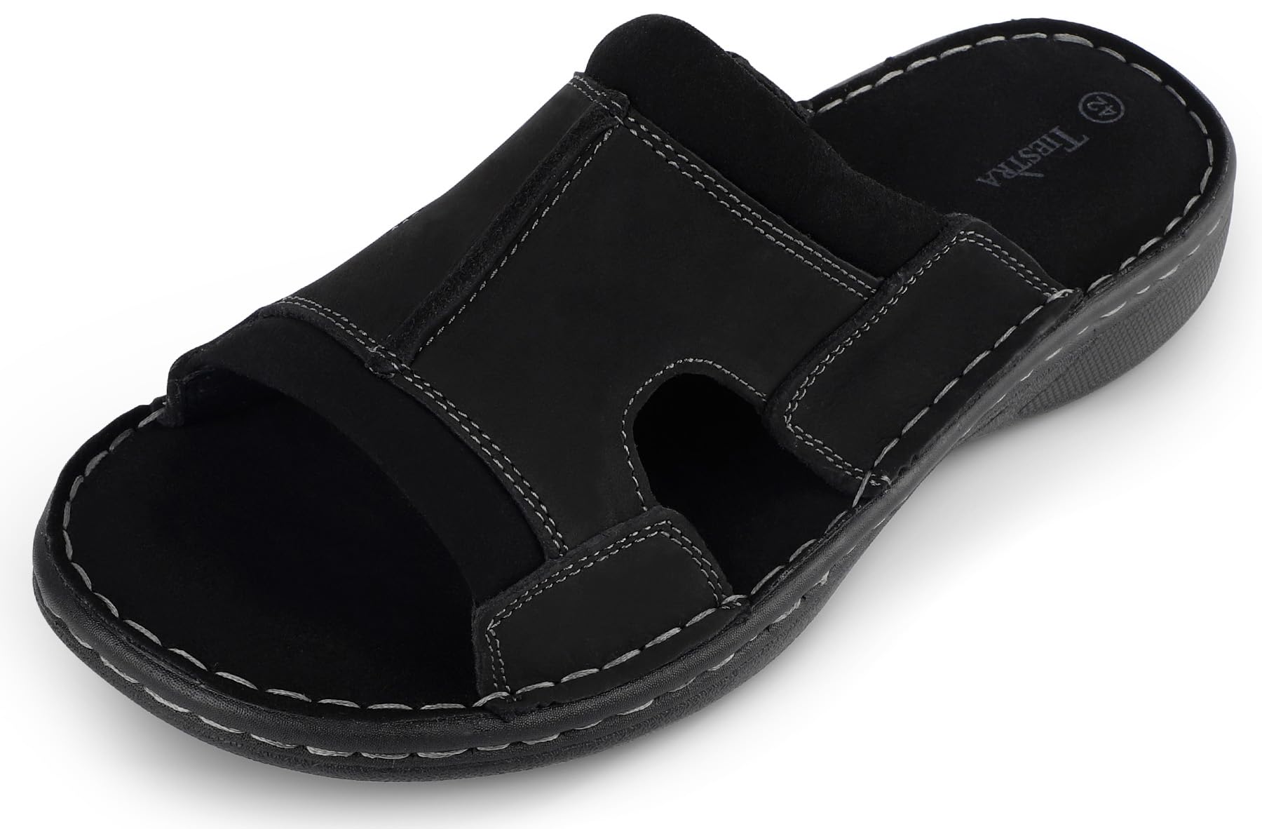 TIESTRATIESTRA Mens Leather Slide Sandals Comfortable Lightweight Summer Casual Beach Slides for Men Indoor & Outdoor slip on sandals