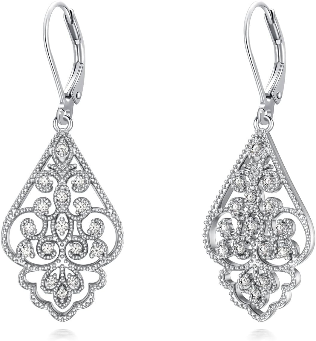 Diamond Openwork Filigree Drop Dangle Earrings for Women 925 Sterling Silver Lab Grown Diamond Jewelry Gifts 0.2 cttw D Color VVS