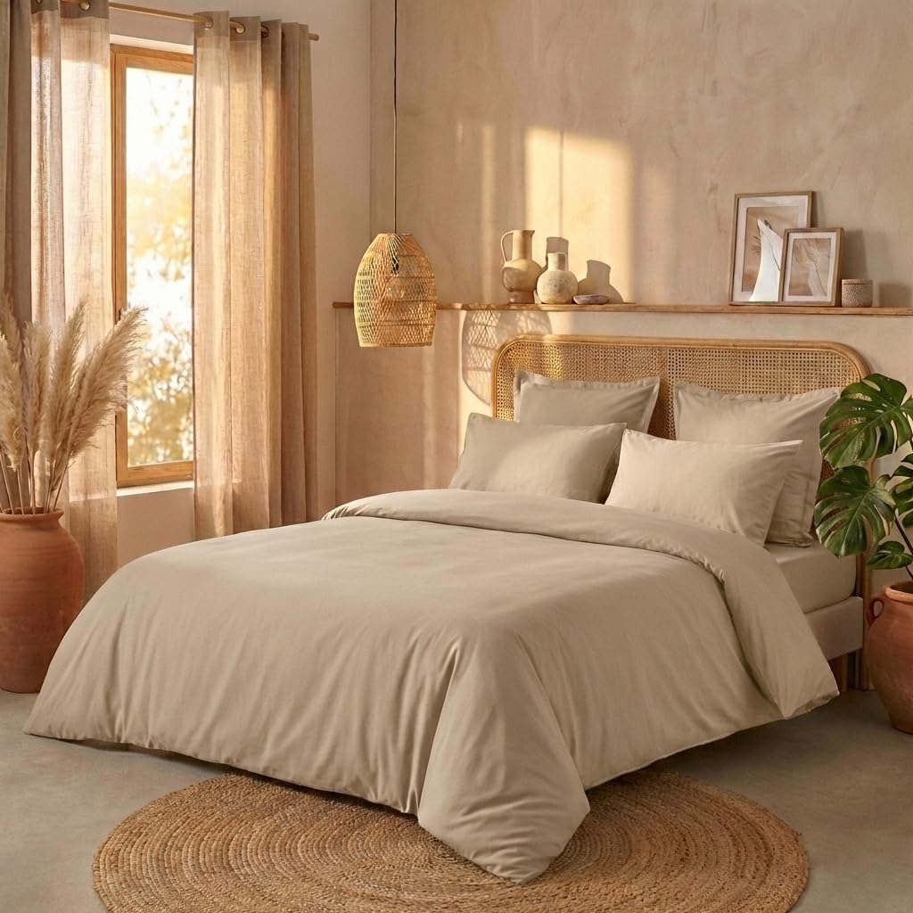 Housse de Couette 220x240 cm + 2 taies 100% Percale de Coton 80 Fils Lin