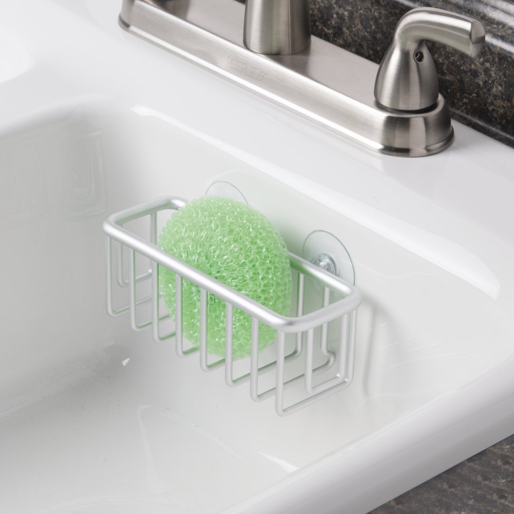 iDesign Metro Rustproof Aluminum Suction Sponge Holder for Kitchen Sink - Basket, Silver