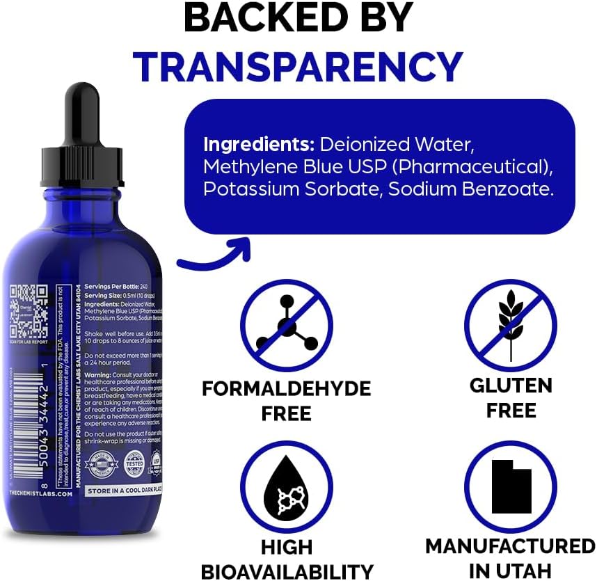 2% Pharmaceutical Grade Methylene Blue Liquid Solution - 99% Purity USP Grade, Blue Methylene, Cellular & Mitochondrial Support, Third-Party Tested, Made in USA, 4oz - Image 7
