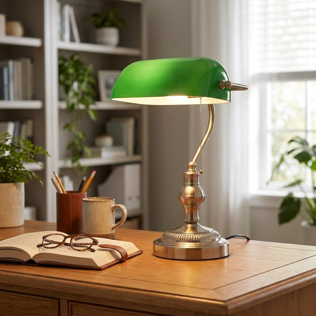 BARCELONA LED - Lampada da tavolo vintage "BANQUERO" con paralume in vetro verde - Base in nichel - Lampada da scrivania classica per ufficio e studio - Attacco E27