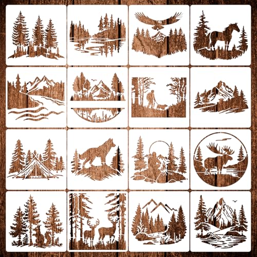 16Pcs Wood Burning Stencils for Crafts Reusable Forest Wildlife Stencils Mountain Tree Stencil Drawing Templates for Painting on Wood Fabrics DIY Crafts(6 * 6inch)