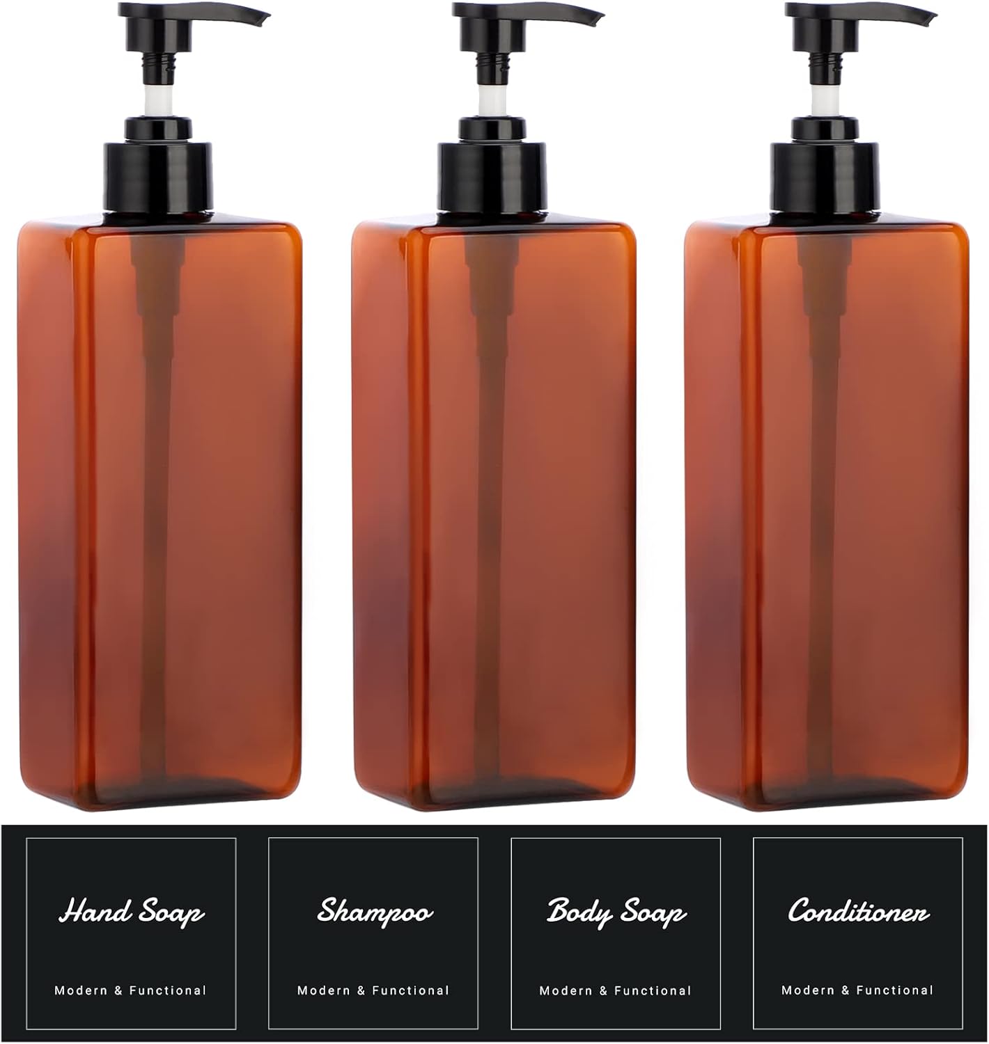 Suream Amber Shampoo and Conditioner Dispenser with Black Plastic Pump, 16.9oz Refillable Shower Bottle for Bathroom, Empty Container for Body Wash, Hand Soap, Lotion, Massage Oil