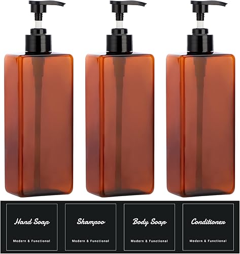 Suream Dispensador de champú y acondicionador ámbar con bomba de plástico negro, botella de ducha recargable de 16.9 onzas para baño, recipiente