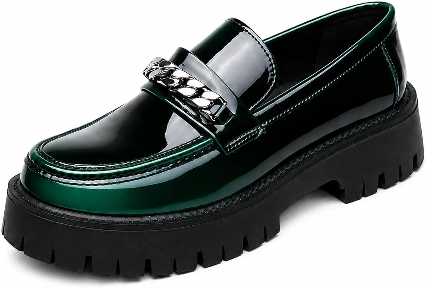 Men's Platform Chunky Slip-On Penny Loafers, Fashion Metal Chain Shiny Patent Leather Business Casual Dress Shoes, Non-Slip Lug Sole Work Shoes for Office Driving