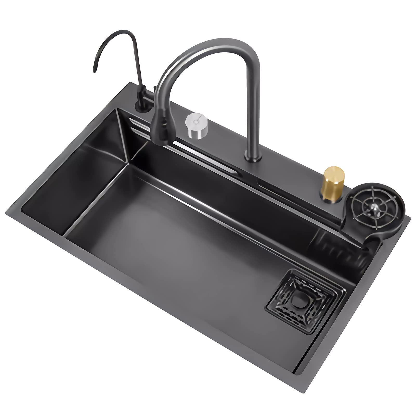 Fregadero de Cocina Fregadero de estación de Trabajo de Acero Inoxidable Negro Mate Fregadero de Cocina de un Solo Seno con Accesorios (Color: T2, Tamaño: 68 * 46 cm)