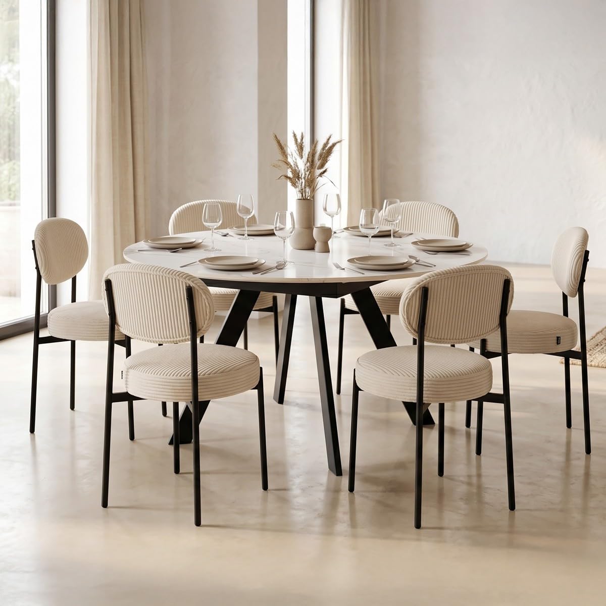 HOMIFAB Table à Manger Ronde Extensible 3/6 pers. en céramique Effet Marbre Gris Pandora et piètement Noir 90/150x90 cm - Circe