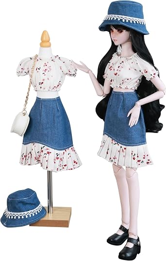 1/3 BJD Clothing Set - Floral Off-Shoulder Top with Denim Skirt, Fisherman Hat & White Crossbody Bag for BJD Collectors