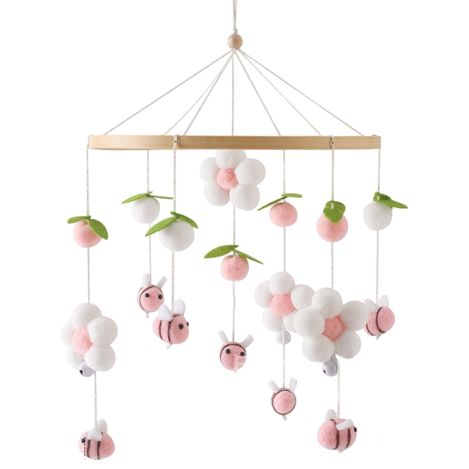 Móvil de cuna de madera infantil con pompones decoración dormitorio bebé 8