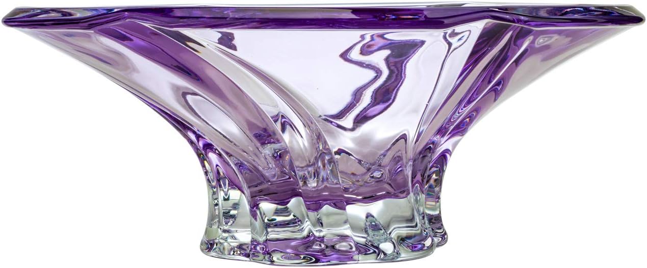 Bohemian Crystal AU51938, 12'' Dia Sprayed Fruit Bowl Oklahoma, Novelty Designed Candy/Snacks Plate Amethyst, Centerpiece Dish with Geometrical Crystal Cut Design, Wedding Gift