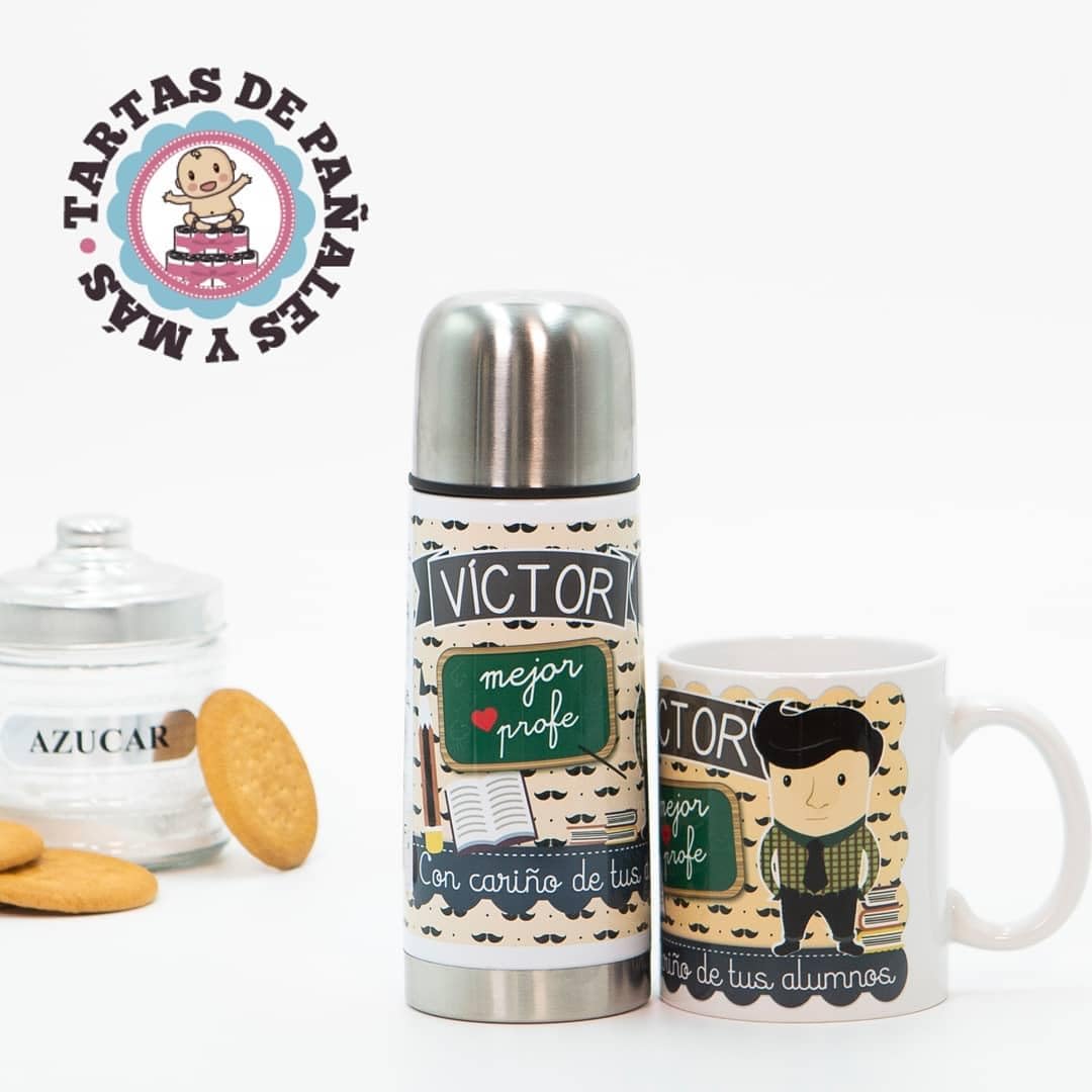 Pack Termo + Taza personalizada para PROFESOR. Modelo ORIGINAL. Regalos para profesores. Ideal para regalar en fin de curso. Regalos personalizados y originales para profes.