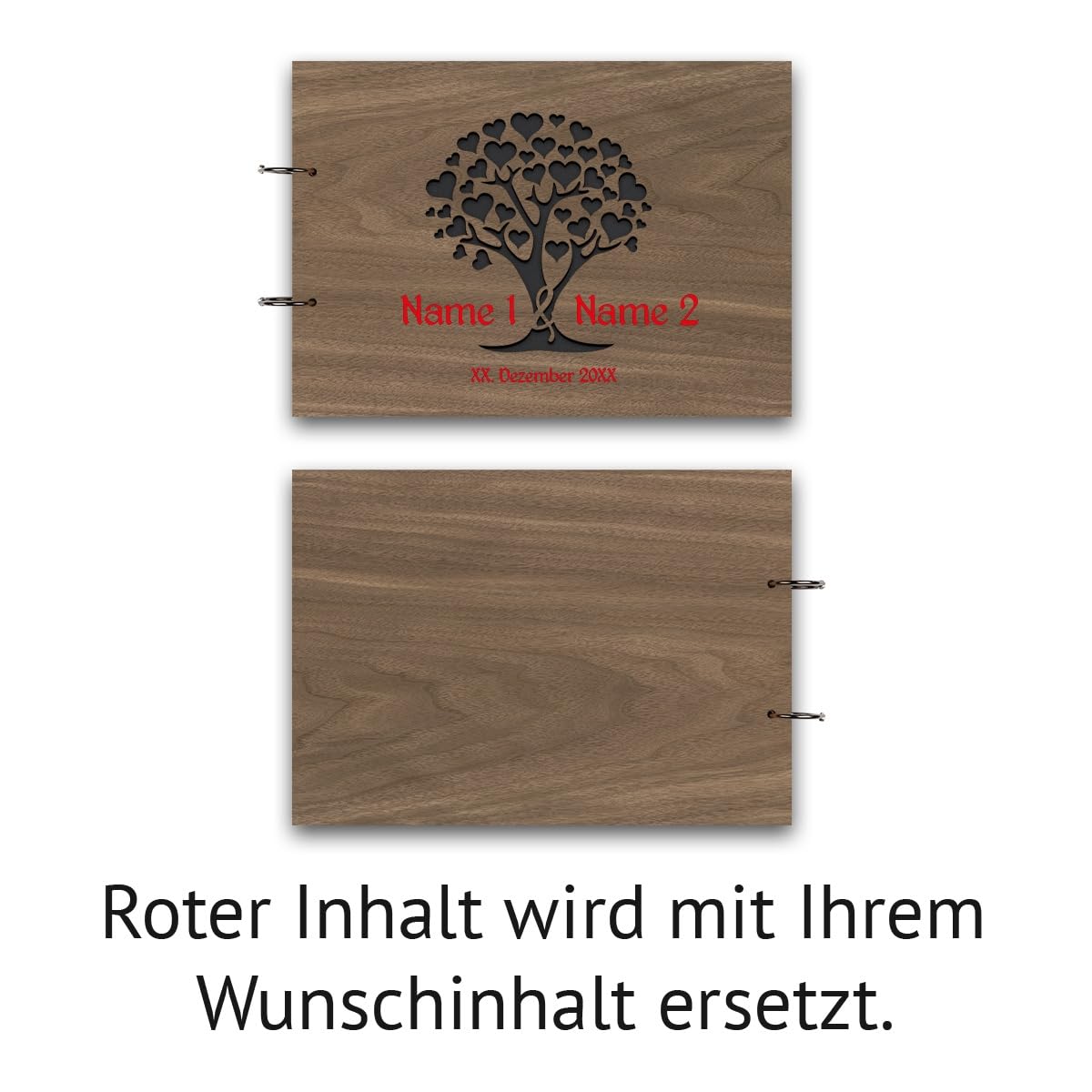 Hochzeit Fotoalbum Nussbaum Holz Gravur individuell Holzcover mit 50 Fotokarton 300g/qm schwarzen Innenseiten (25 Blätter) DIN A4 quer 302 x 215 mm - Herzbaum