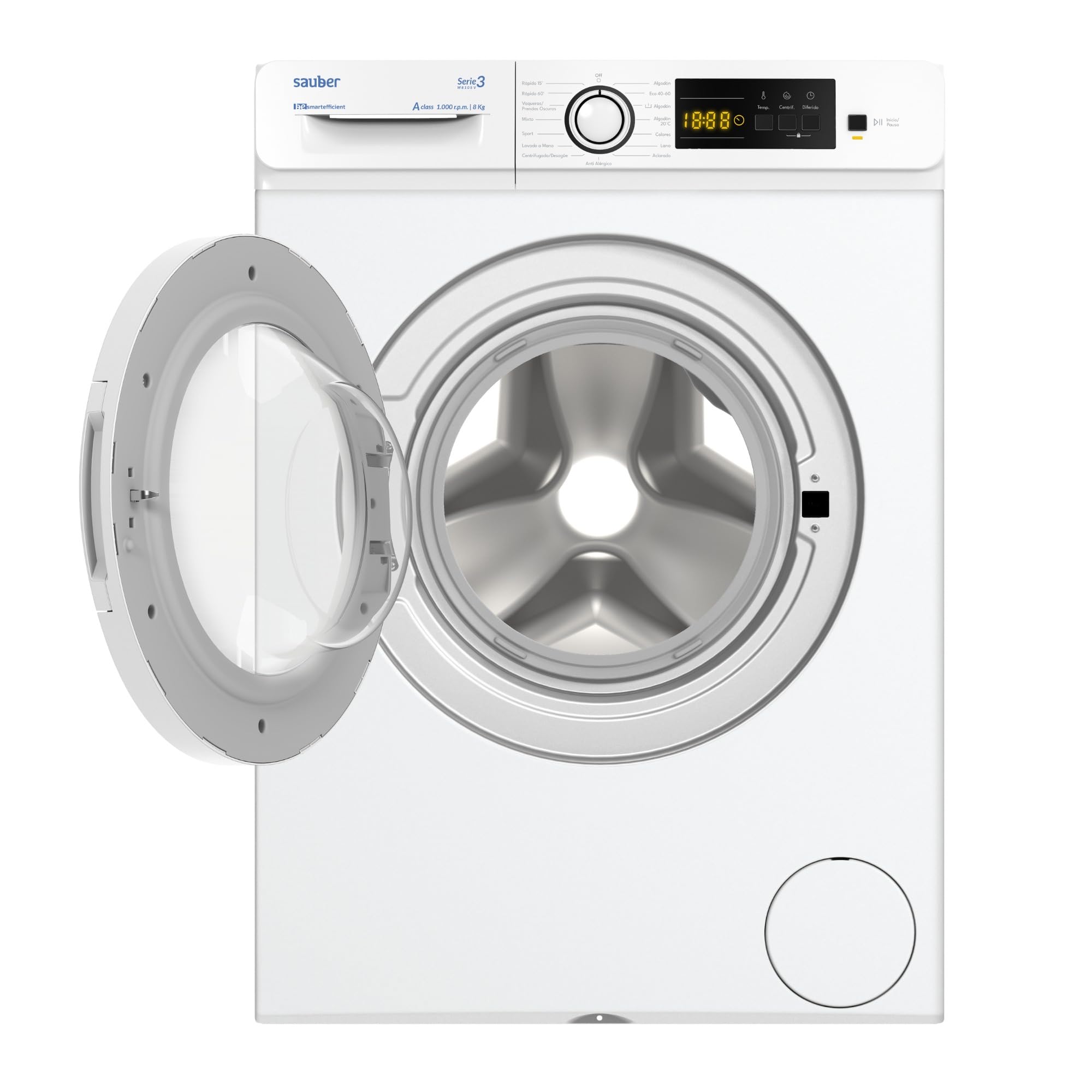 Sauber, Lavadora 8 Kg de carga frontal SERIE 3-W8105V, 1000 RPM, A, Programa Extra Rápido 15 minutos, 15 Programas, Detección de carga, Bajo Consumo, Color Blanco, CON INSTALACIÓN Y RETIRADA USADA