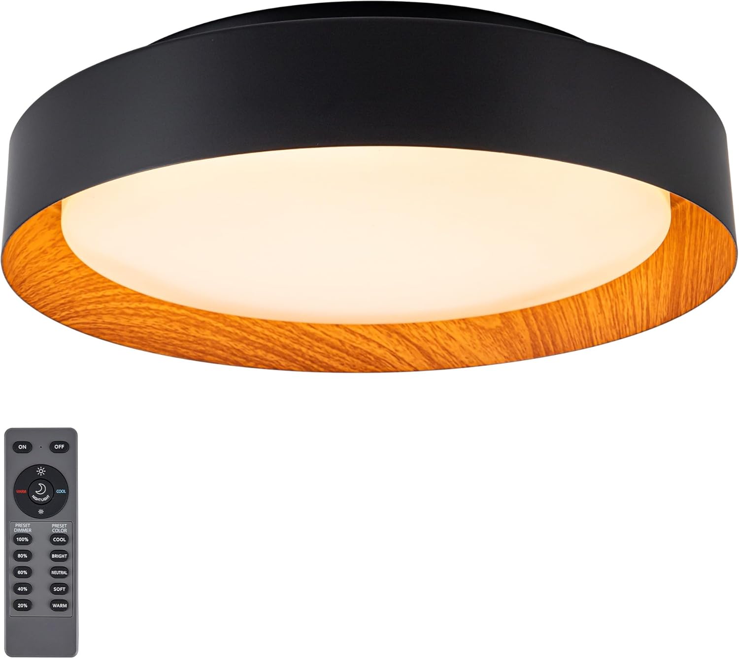 12 Inch LED Flush Mount Ceiling Light with Remote, 18W Flush Mount Light Fixture in Black and Wood Finish, Dimmable Ceiling Light for Bedroom, Hallway, Entryway, Bathroom, Kitchen