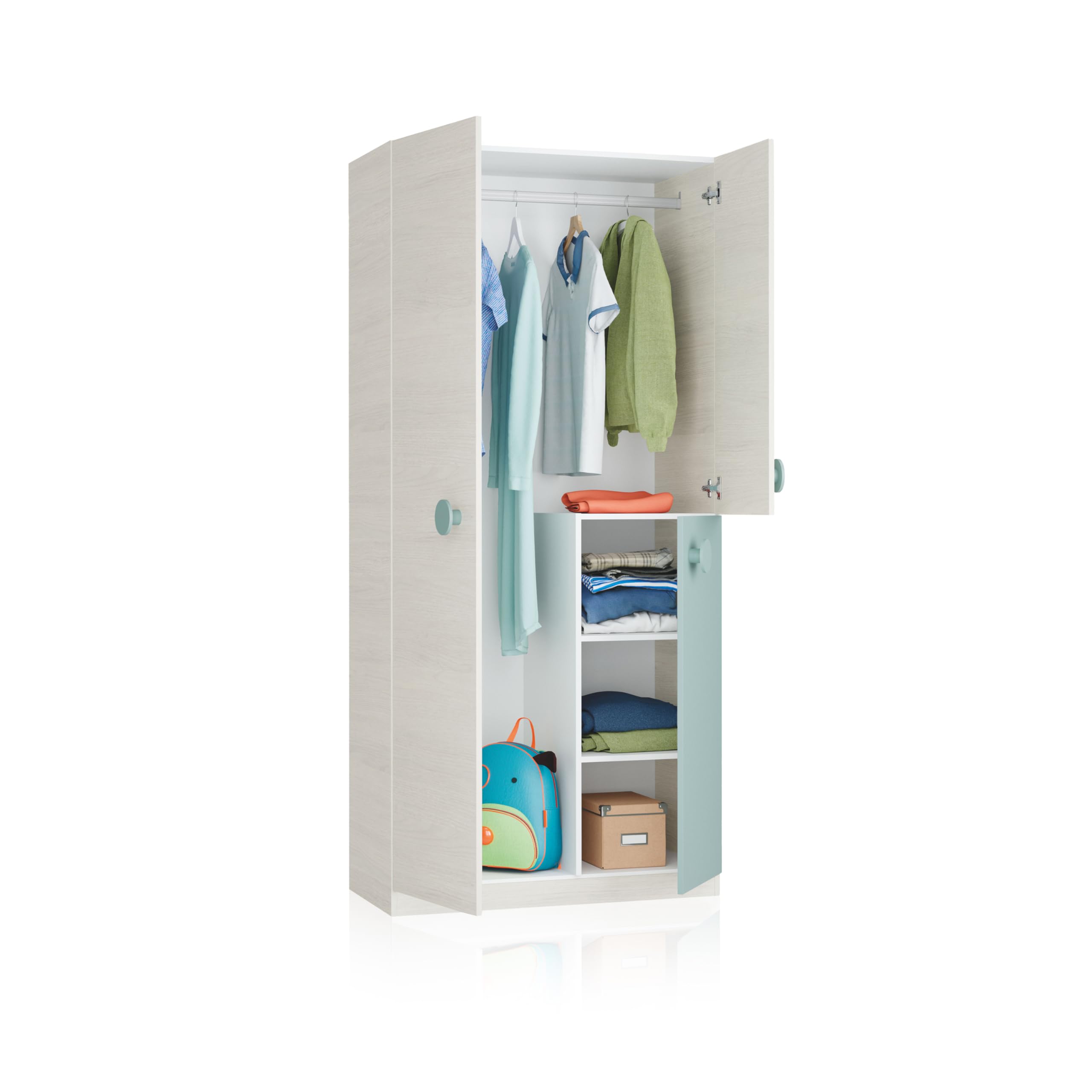 duehome | Armario Juvenil, Modelo Yuki, Acabado en Color Blanco Alpes y Verde Acqua, Medidas: 90 cm (Largo) x 200 cm (Alto) x 52 cm (Fondo)