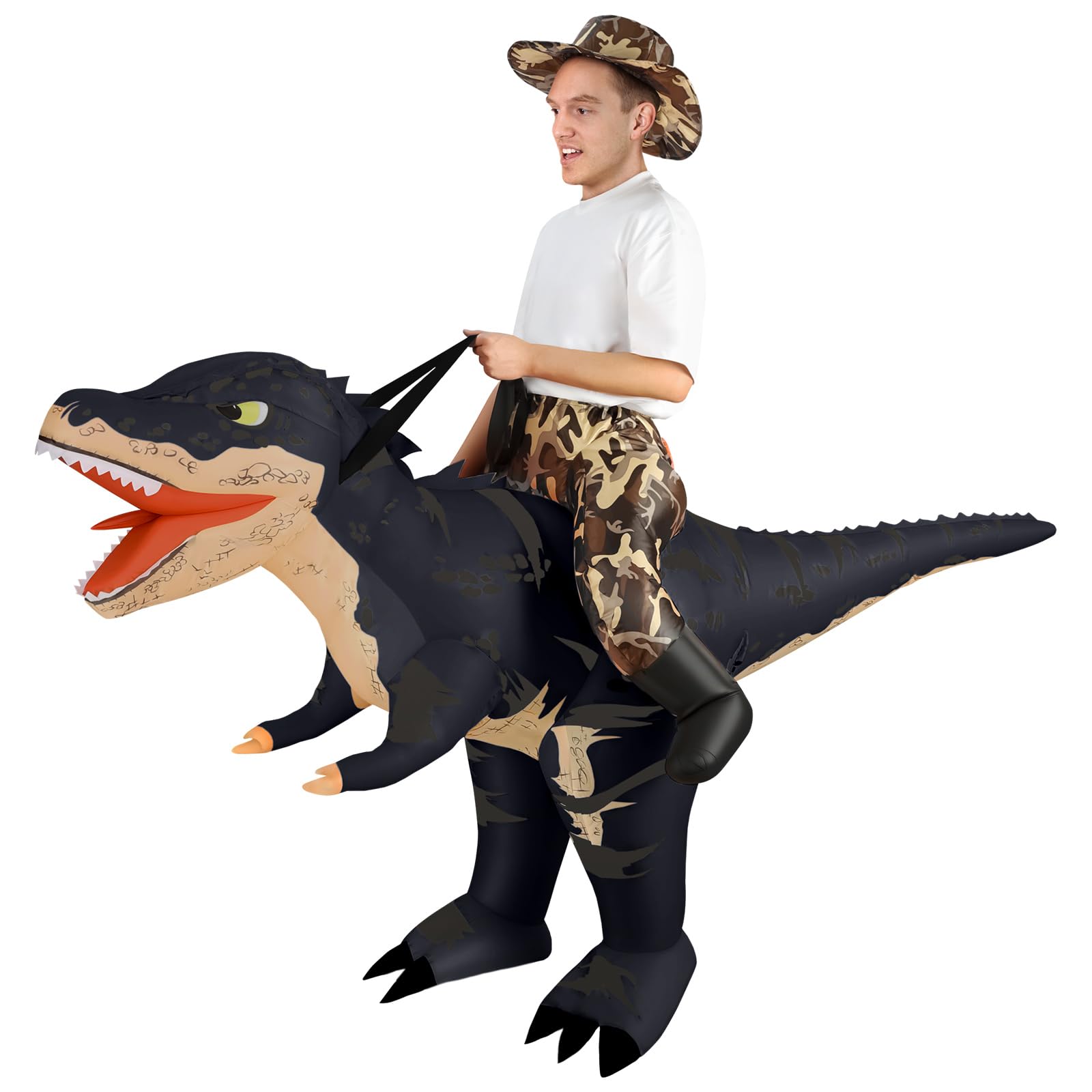 Alaoo Inflatable Dinosaur Costume for Adult, T-Rex Inflatable Costume with Hat, Funny Ride-on Black Dinosaur Halloween Costumes for Halloween Christmas Cosplay Masquerade Party(160-190cm)