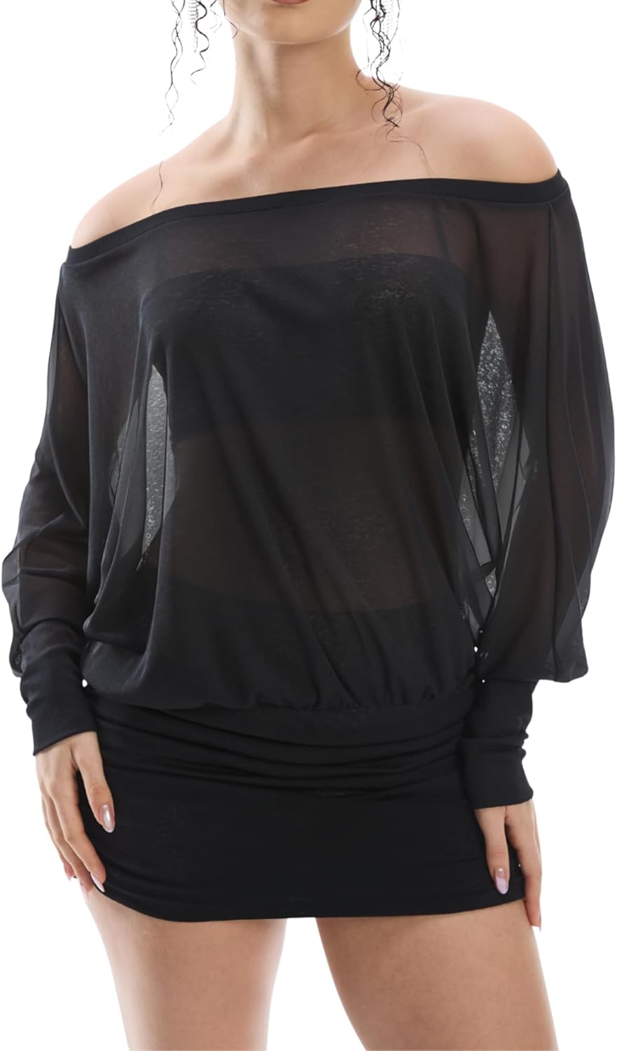 Women's Off The Shoulder Dress Long Sleeve Batwing Mini Ruched Sheer Y2K Oversized Casual Streetwear Sexy Dress - Image 5