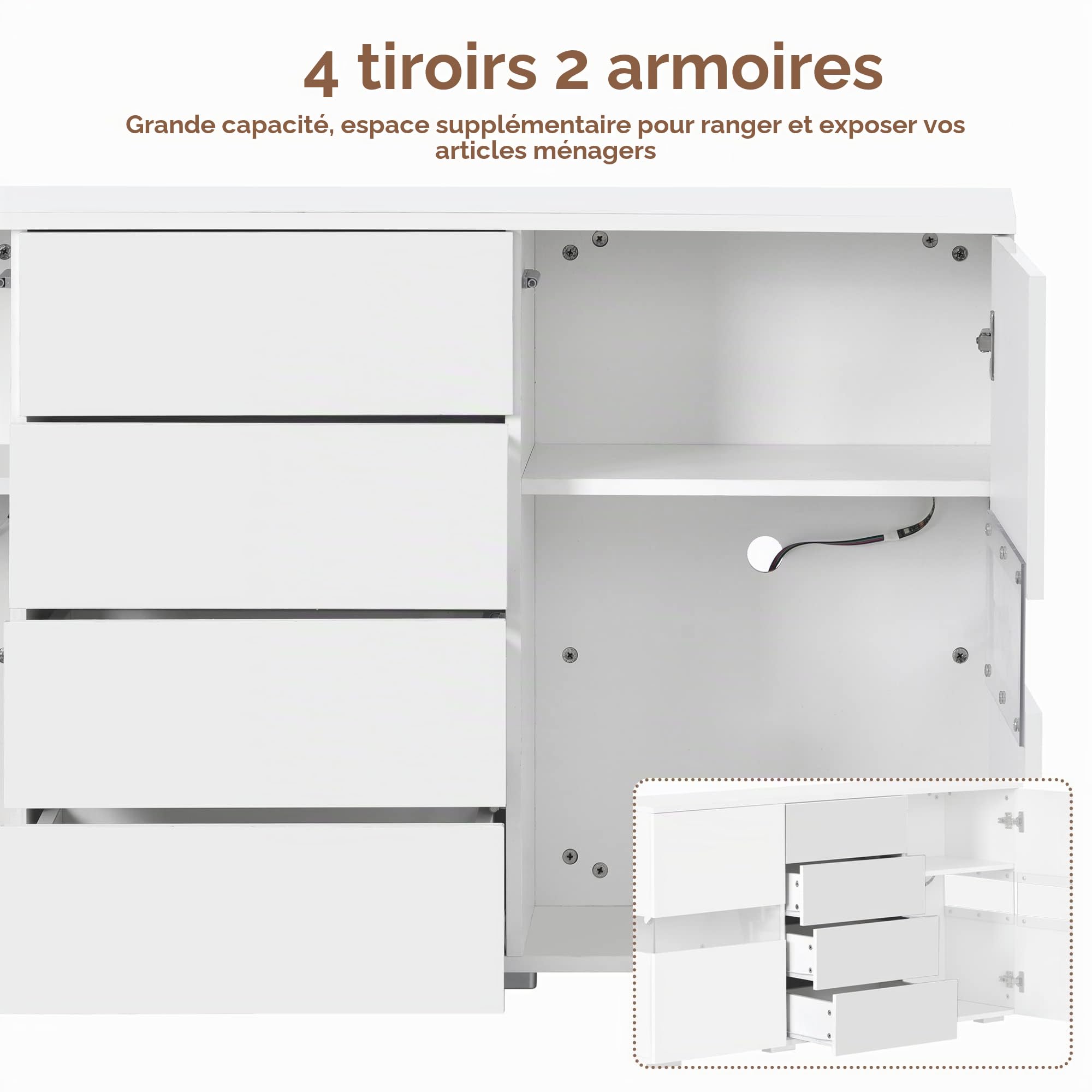 Merax Buffet avec Lampe LED - Meuble de Rangement - Meuble d'appoint avec Beaucoup d'espace de Rangement - Buffet Moderne avec tiroir et Portes - pour Salle à Manger, Salon, Cuisine, 140cm