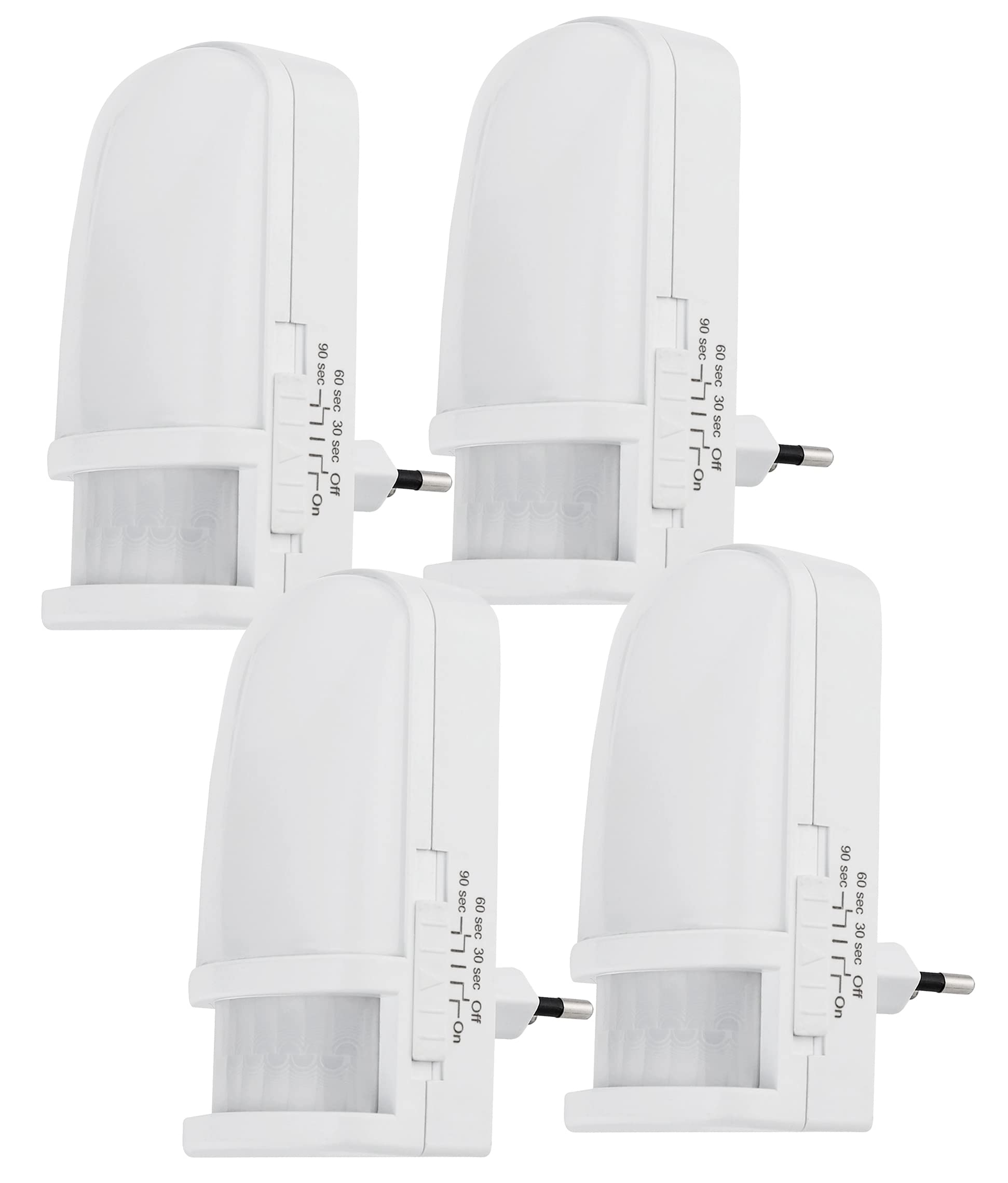 Wtyczka do lampki nocnej ChiliTec LED z czujnikiem ruchu, 230 V, czujnik zmierzchu i świtu, regulowany timer, tryby wł./wył./automatyczny, ciepła biel, 4 sztuki