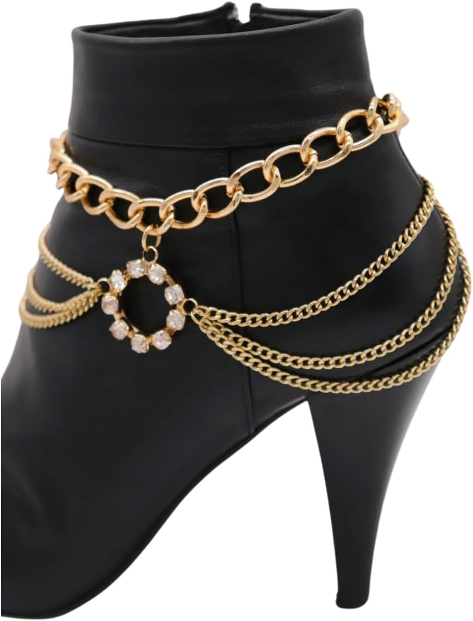 Women Western Fashion Jewelry Gold Metal Multi Strand Chain Boot Shoe Anklet Bling Circle Charm z286