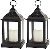BrightZeal 2-Pack 9.5" Black Vintage LED Candle Lanterns with Flickering Flameless Pillars & 8Hr Timer - Indoor Hanging Decor