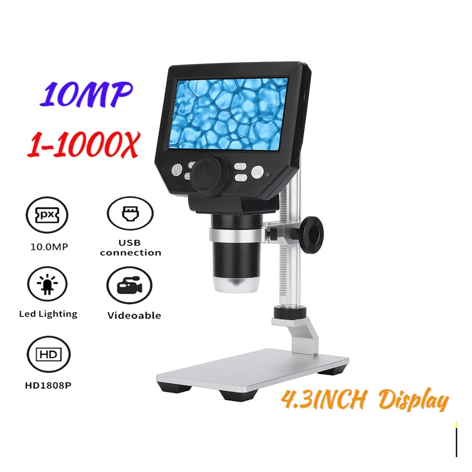 Microscopio, Microscopio Electrónico Digital Pantalla LCD De Base Grande 4,3 Pulgadas 10MP 1-1000X Lupa Amplificación Continua(Al and Plastic Stent)