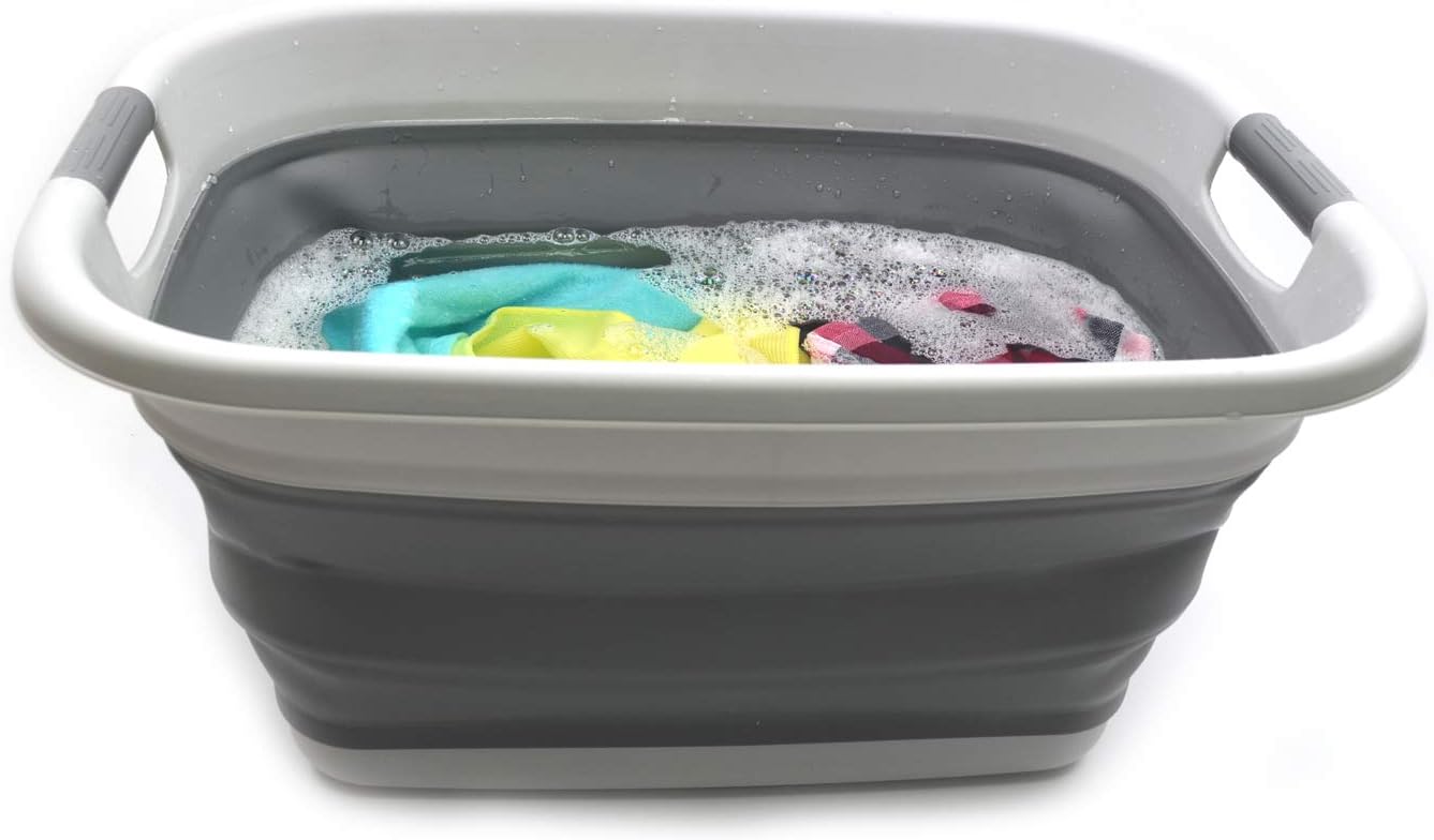 SAMMART Set of 2-31L (8.1 Gallon) Collapsible Plastic Laundry Basket-Pop Up Storage Container-Portable Washing Tub-Space Saving Hamper/Basket, Water Capacity: 23L (6 Gallon) (2, Light Grey)