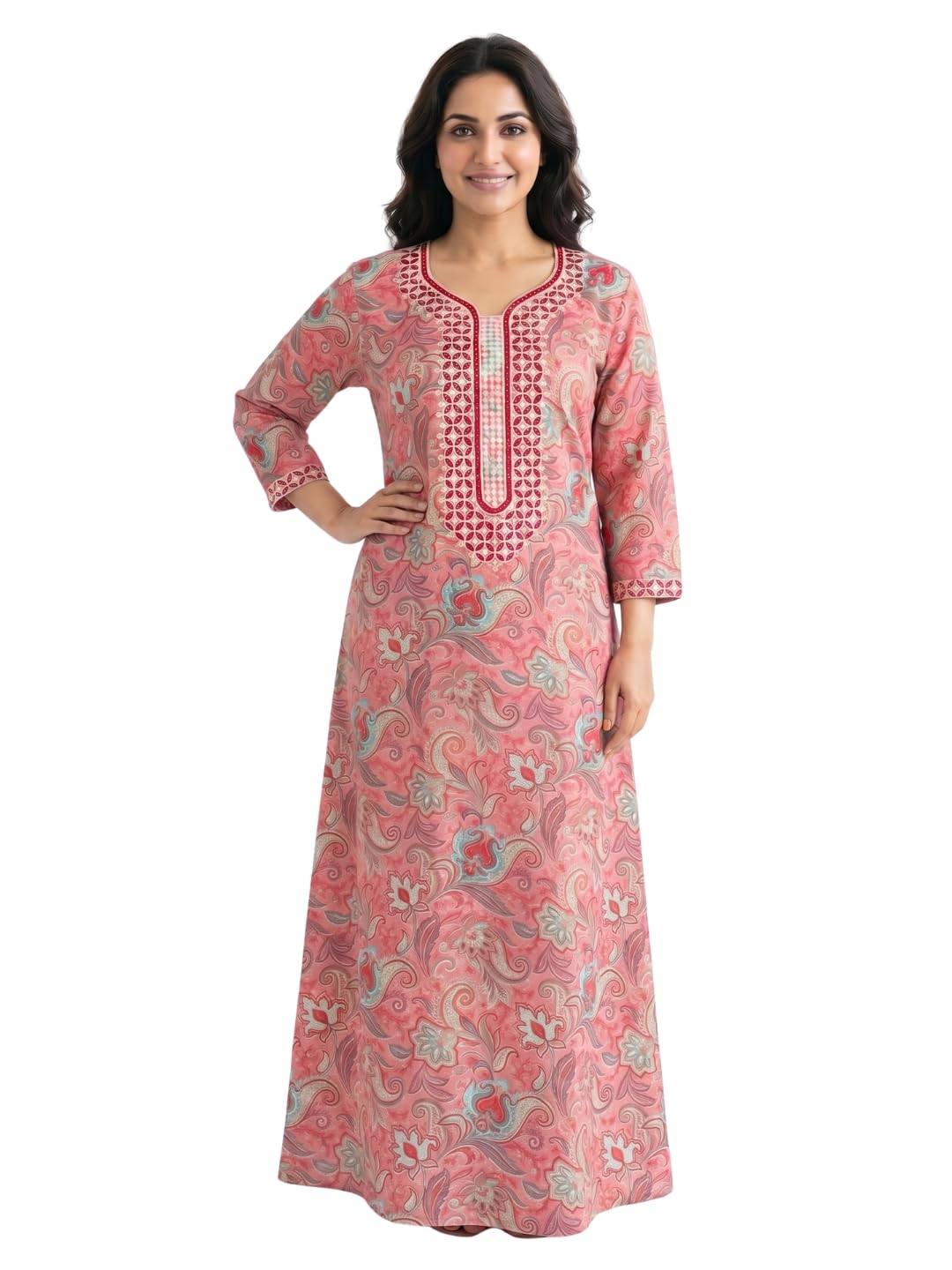 Women Printed Embroidered Viscose Kaftan Nightdress-image-45