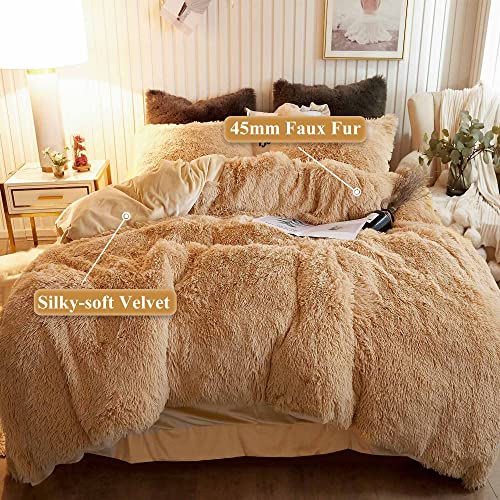Image of XeGe Plush Shaggy Duvet Cover Luxury Ultra Soft Crystal Velvet Bedding Set 1PC(1 Faux Fur Duvet Cover),Zipper Closure (Queen, Camel)