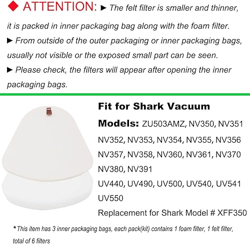 Miniatura 2 de Dttery Kit de 3 filtros de espuma y fieltro de repuesto para Shark Navigator Lift-Away Vacuum NV350, NV351, NV352, NV355, NV356, NV356E, NV357,